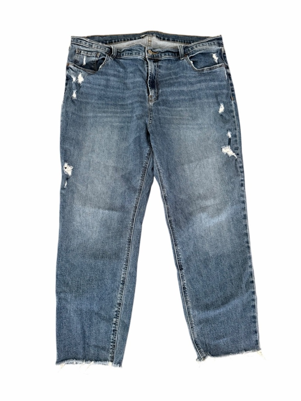 Old Navy Boyfriend Mid-Rise Distressed Straight-Leg Blue Jeans Raw Hem 16